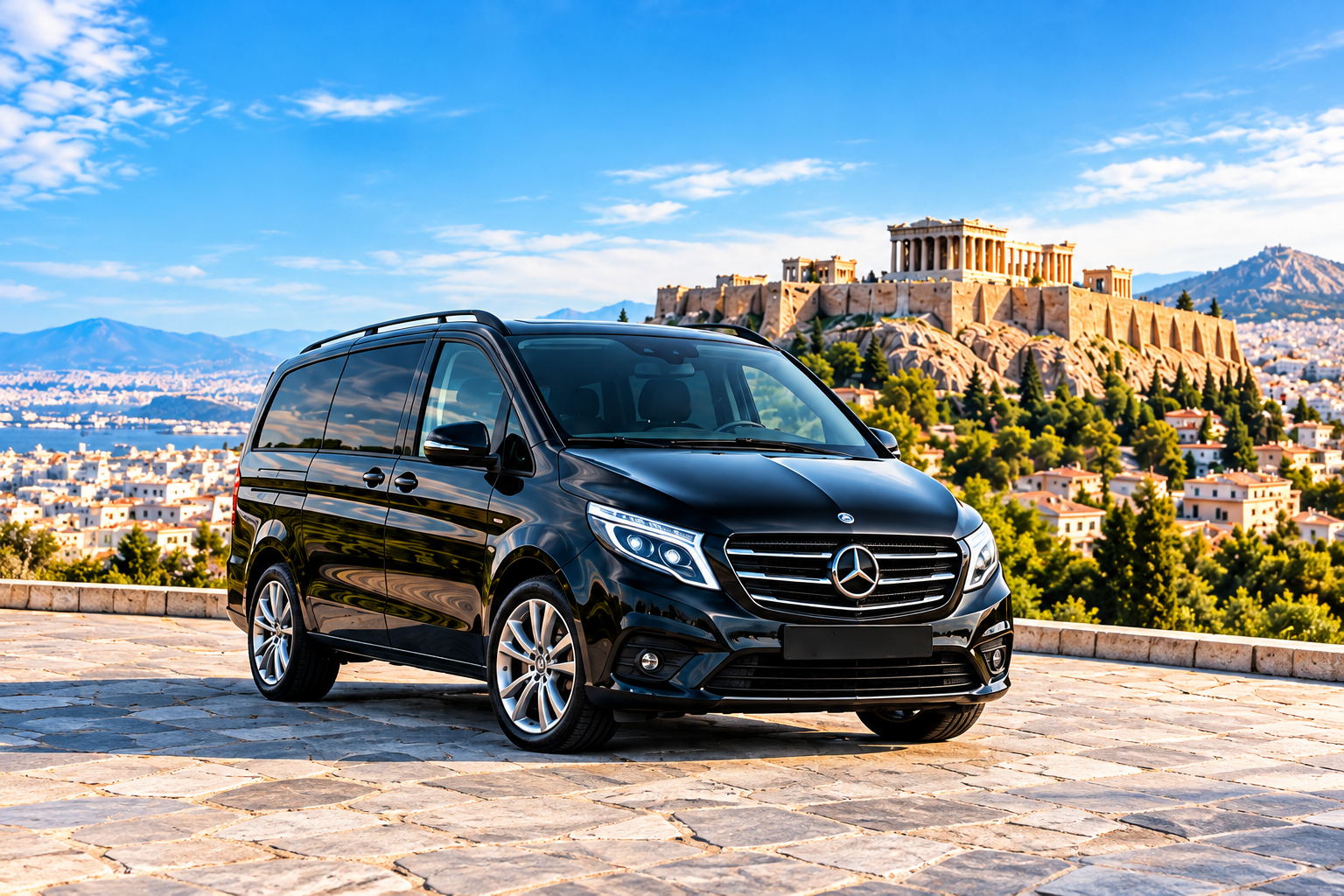 A black Mercedes Vito with a covered number plate at the Acropolis